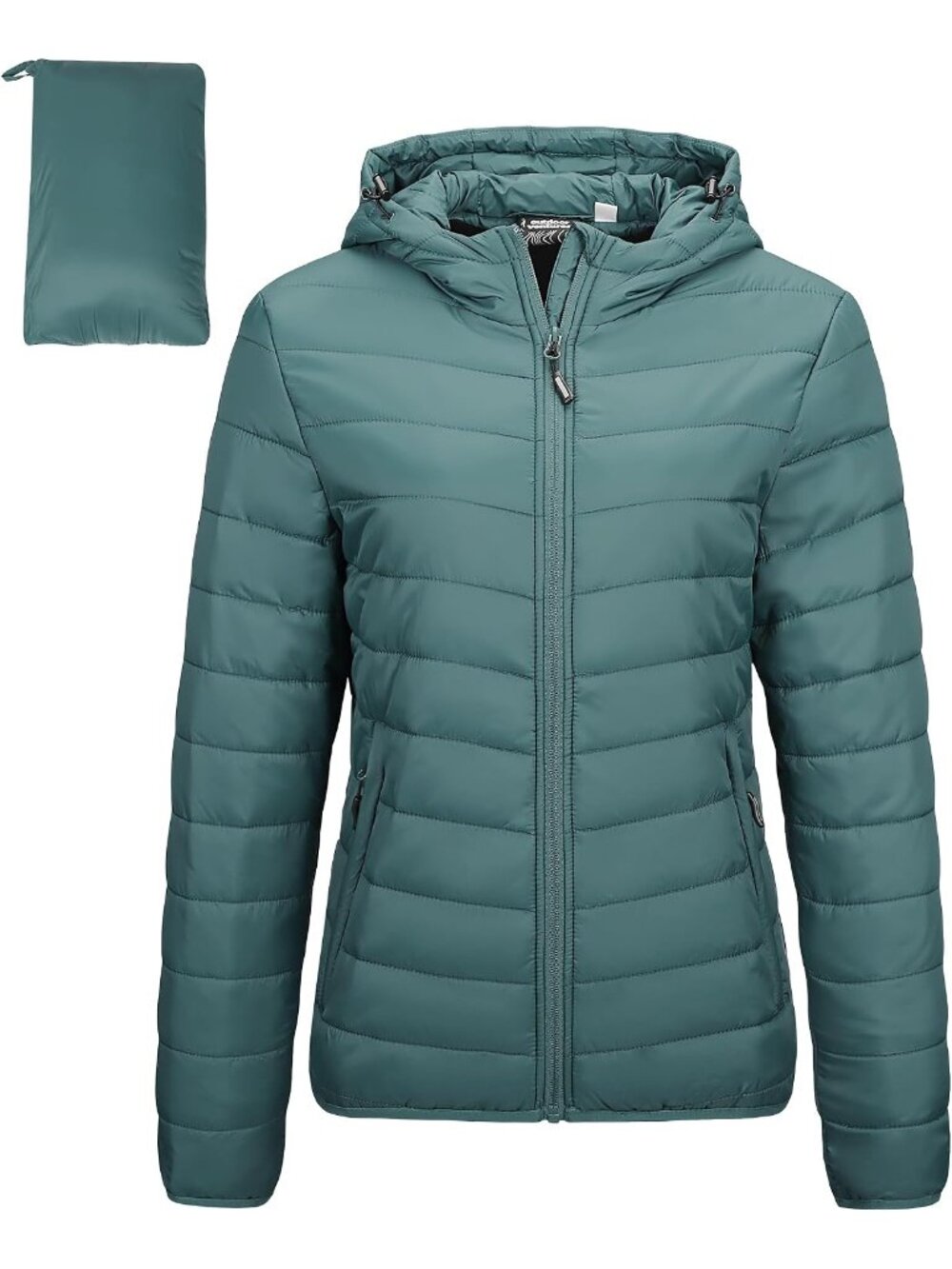 Women's Dark Green Packable Hooded Full-Zip Warm Winter Quilted Puffer Jacket